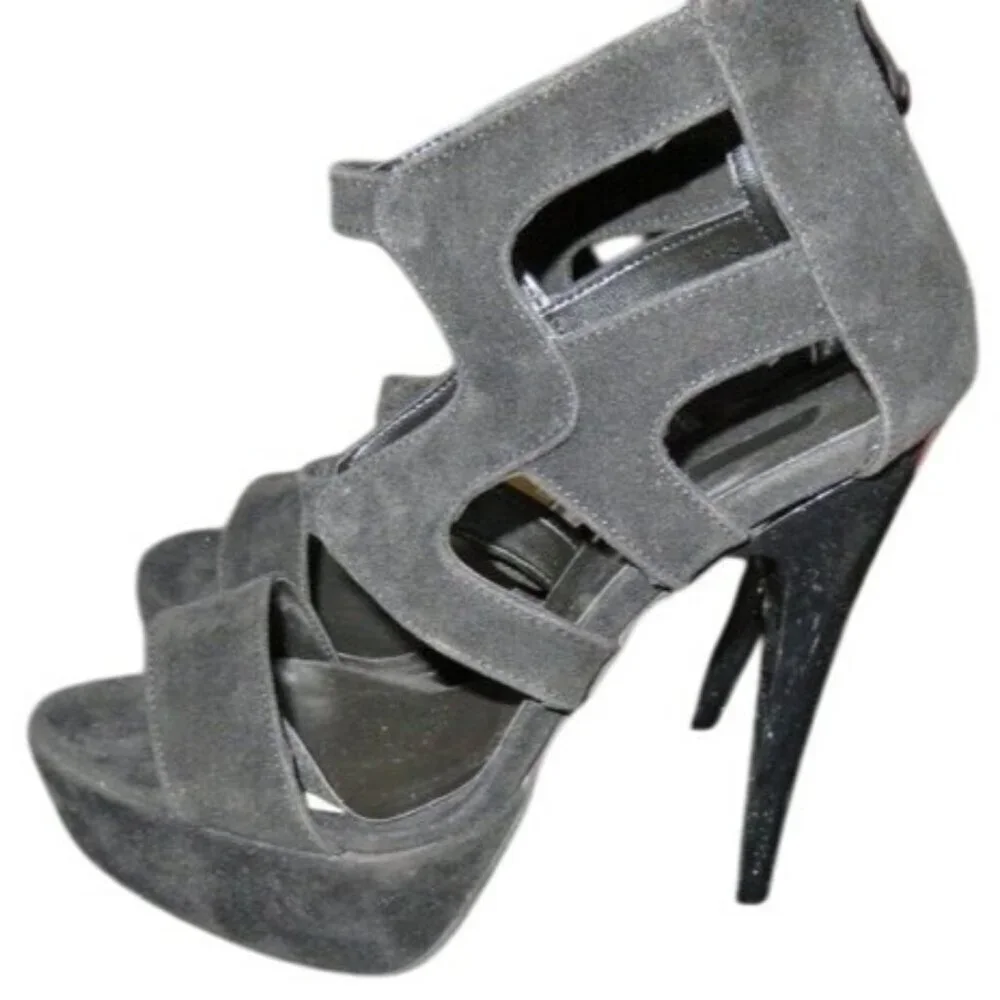 Miss Angelique Black Turkish Suede Leather Platforms Caged Stilettos Heels 9